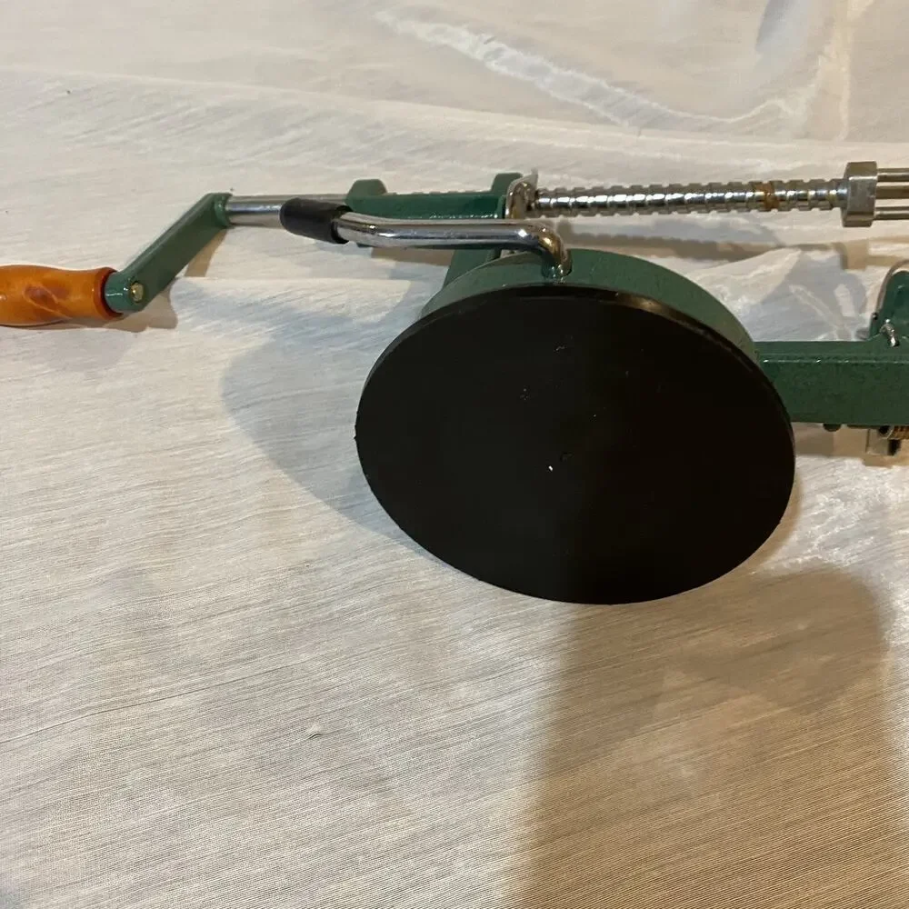 Vintage Green Metal Hand Crank Apple Peeler Corer with Locking Suction Base